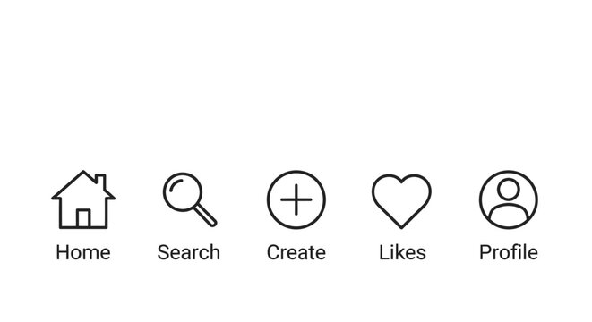 Set of Social Media User Interface Icons for Mobile App with Home, Search, Create, Likes, Profile on Isolated White Background
