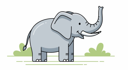 Fototapeta premium A cute cartoon elephant stands with its trunk raised in the air