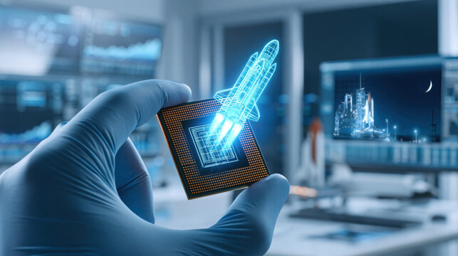 High tech microchip held by gloved hand with holographic rocket launch projection conveying innovation and futuristic aerospace computing