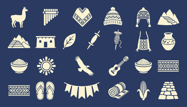 Andean culture vector icons set featuring South American symbols and heritage themes