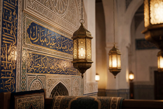 Ornate Islamic Lanterns Hanging in a Traditional Moroccan Interior.