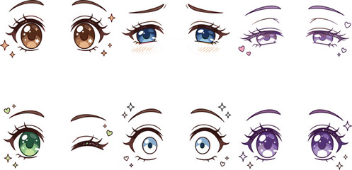 Anime Eyes Vector Set featuring Cute Manga Cartoon Expressions, Sparkling Big Pupils, Emotional Glances, Winking, and Detailed Facial Character Design Elements for Illustrators