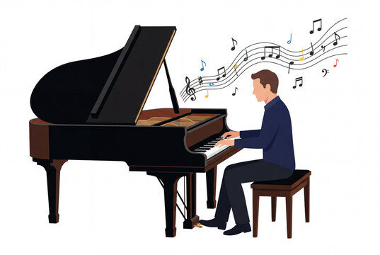 A man playing a grand piano with musical notes floating above.