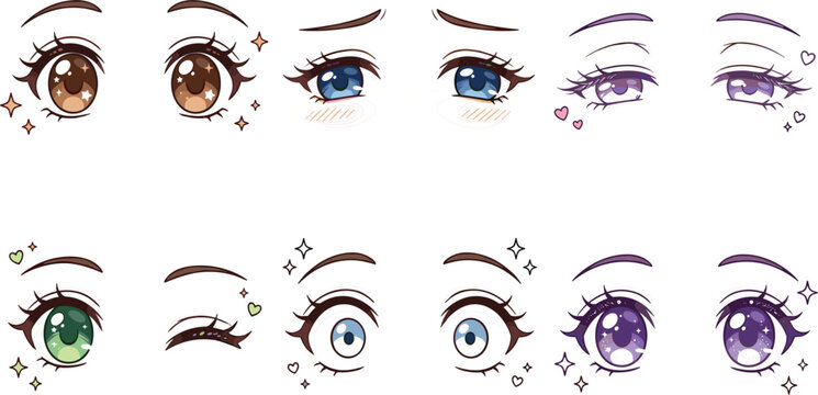Anime Eyes Vector Set featuring Cute Manga Cartoon Expressions, Sparkling Big Pupils, Emotional Glances, Winking, and Detailed Facial Character Design Elements for Illustrators