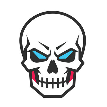 Stylized Skull with Blue Eyes and Red Gums.