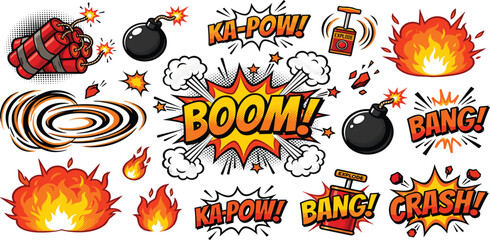 Comic Book Explosion Vector Elements Pack featuring Pop Art Sound Effects like Boom and Bang with Dynamite Bombs Detonator and Fire Flames Design © Nilota