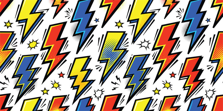 Comic Book Lightning Bolt Seamless Pattern with Pop Art Retro Style Thunderbolts, Halftone Dots, and Explosive Star Burst Elements for Textiles and Background Wraps