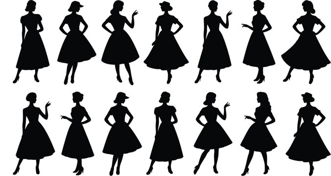 Vintage retro woman silhouette icon set featuring elegant ladies in classic fifties dresses and poses isolated on white background