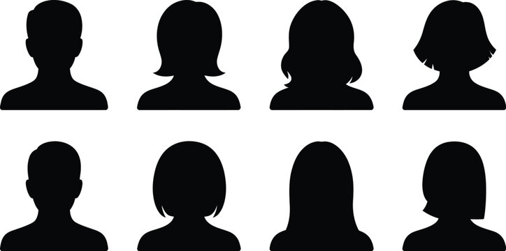 Avatar profile picture icon set with black silhouette of men and women headshots vector illustrations isolated on white