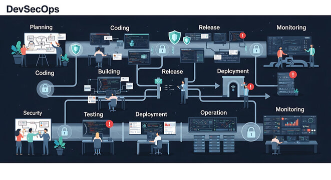 Advanced DevSecOps architecture illustrating automated software development lifecycle pipeline with integrated cybersecurity protocols for efficient planning coding building and testing phases.