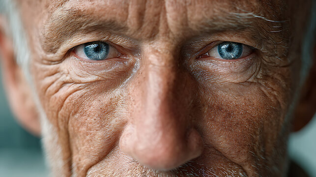 Close-up extreme portrait of an elderly man's piercing blue eyes and weathered face