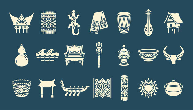 Batak Toba cultural icon set featuring traditional house and ethnic symbols in flat vector style
