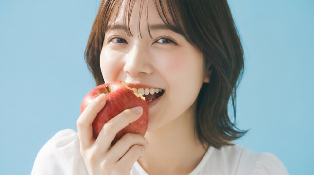 Happy young Japanese woman biting into a fresh red apple with a smile