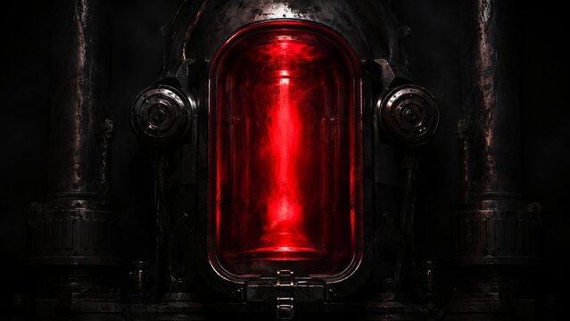 A dark, industrial chamber featuring a glowing red container, exuding a mysterious and futuristic atmosphere.