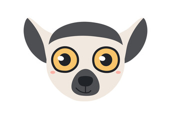 Cute little lemur face illustration isolated. Kawaii cartoon character. Wild animal, baby animal, wildlife, nature, fauna. Kids print, design element, clip art. Hand drawn flat vector © Maria Skrigan