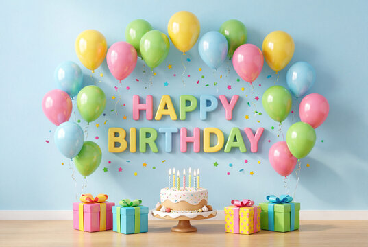 Happy Birthday Celebration with Balloons and Gifts.