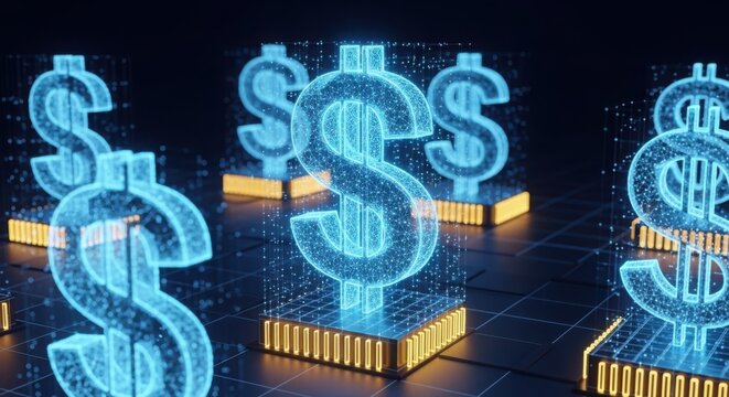 Glowing blue dollar sign sculptures on wooden bases