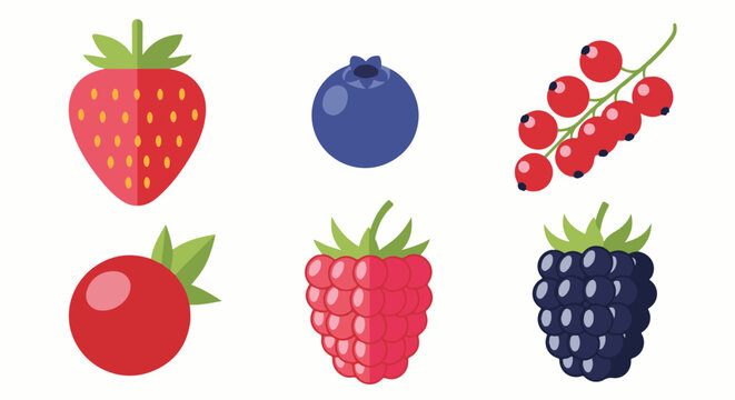 A collection of six colorful, flat-style berries on a white background