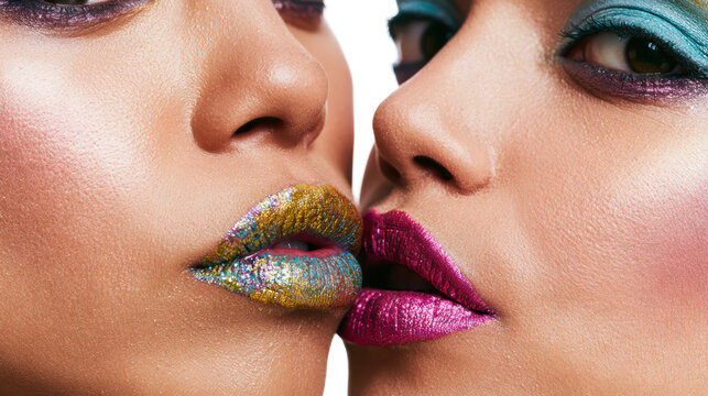 Close up of two faces with colorful glitter lips and vibrant eye makeup showing intimate connection and artistic beauty