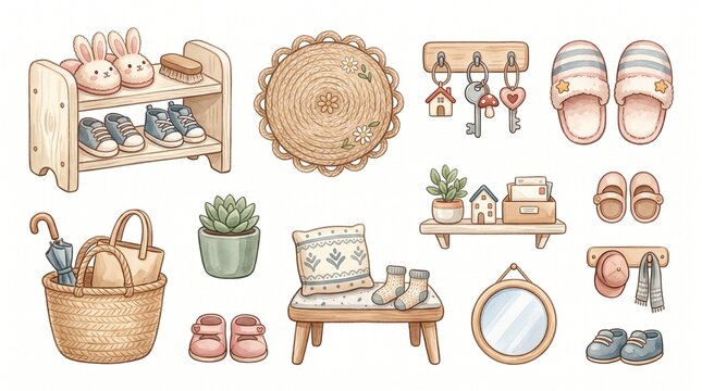 Charming watercolor illustration of cozy home entryway decor, featuring shoe racks, baskets, plants, and slippers