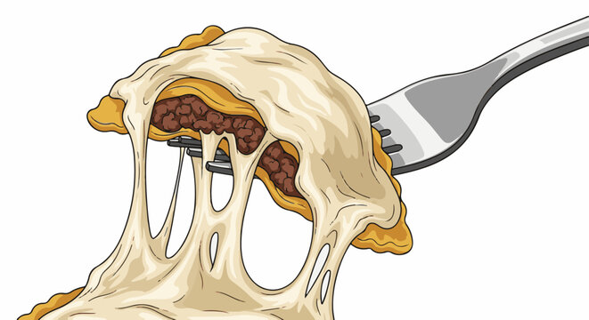 A fork holds a pastry oozing with melted cheese and savory filling