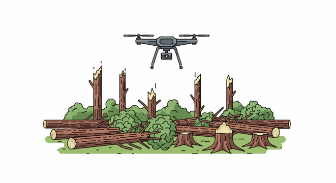 A drone hovers over a cleared forest with felled trees and stumps