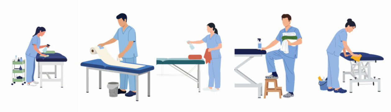 Professional healthcare staff cleaning and preparing medical examination tables with disinfectant spray and fresh linens, isolated vector illustration set