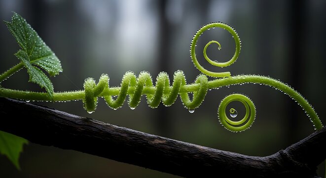 A vibrant green vine with water droplets coiled in a spiral pattern on a dark branch.