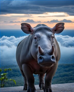 A babirusa pig hybrid fictional species, digitally created animal,  in a heavenly cloud terrace
