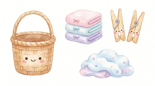 Charming watercolor kawaii laundry folding corner featuring a woven basket, neatly stacked towels, clothespins, and fluffy suds for a delightful domestic scene