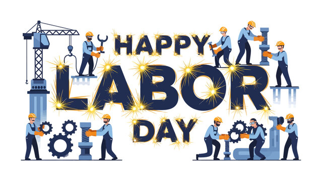 Happy Labor Day with Builders: A festive illustration depicts builders working together to construct the words Happy Labor Day with gears and cranes, symbolizing hard work and industrial achievement.