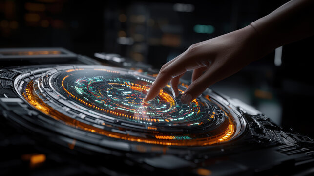 Futuristic hand interacting with circular digital interface displaying glowing data and technology elements in dark environment