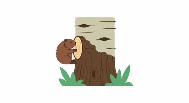 A cartoon beaver gnaws on a log at the base of a tree