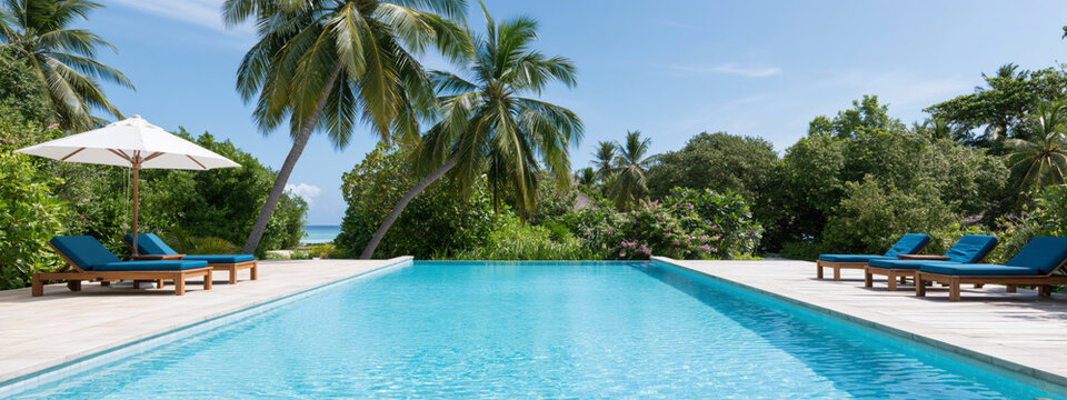Luxury tropical pool area with blue lounge chairs and palm trees