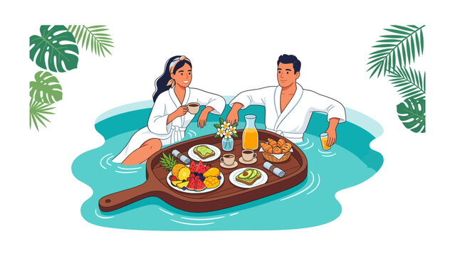 A Serene Poolside Breakfast: A couple enjoys a delightful breakfast spread served on a floating tray in a tranquil swimming pool, surrounded by lush tropical foliage.