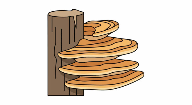 A brown tree stump with stacked, layered shelf fungi growing on its side