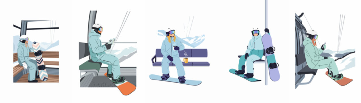 Illustrations of a female snowboarder on various ski lifts and gondolas, enjoying winter activities and relaxing at a mountain resort.