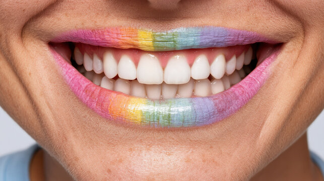 Rainbow lips showing perfect white teeth with colorful makeup and joyful smile close up