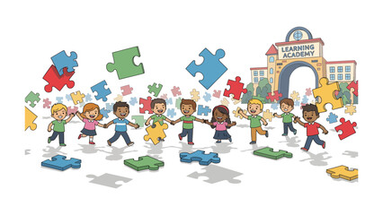 Naklejka premium Learning Academy Connection: Diverse children join hands in a colorful display of unity around a school building, surrounded by scattered puzzle pieces, symbolizing learning and growth.