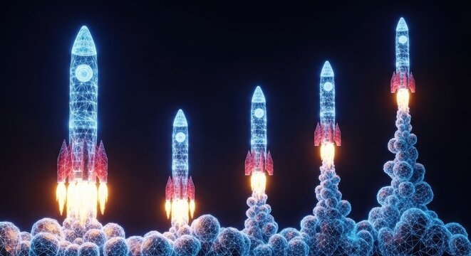 Four rockets launching into the night sky with smoke