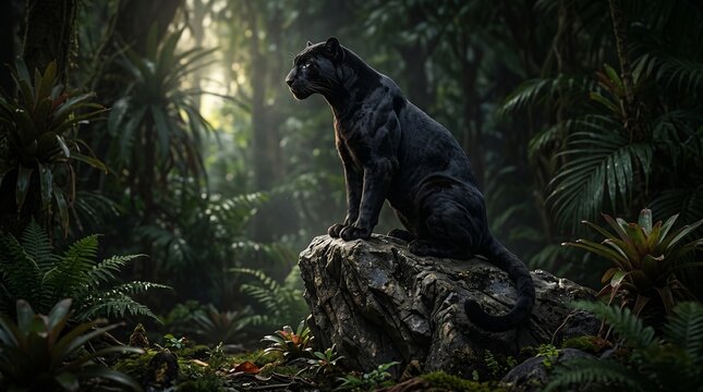 Black Panther Sitting on Rock in Tropical Forest