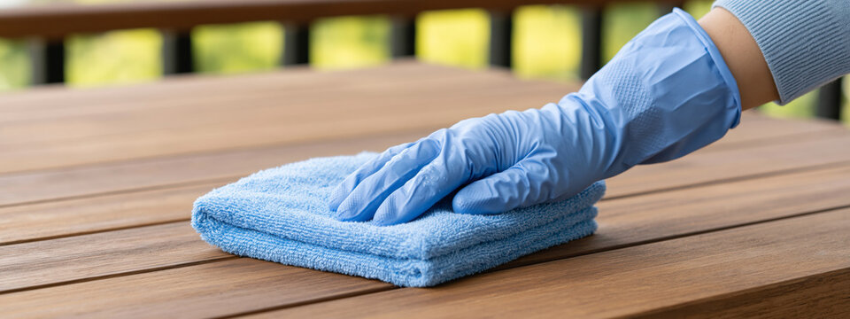 Clean hand wipe, gloved hand rub on wooden table with blue microfiber cloth