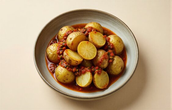 Bowl of Papas Arrugadas, wrinkled potatoes covered in tomato-based sauce, garnished with lime wedges. Concept of vibrant dish showcasing wrinkled potatoes with mojo sauces.