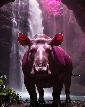 A magenta babirusa  pig hybrid fictional species, digitally created animal, in a misty waterfall cavern
