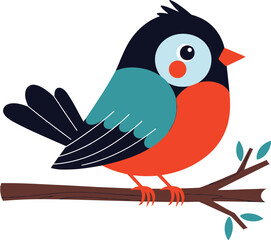 Fototapeta premium Cute cartoon bird sitting on a branch with leaves, isolated on white background