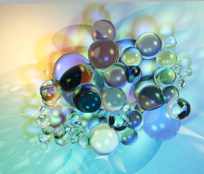 Beautiful abstract background, glass balls, colorful bubbles, 3D rendering