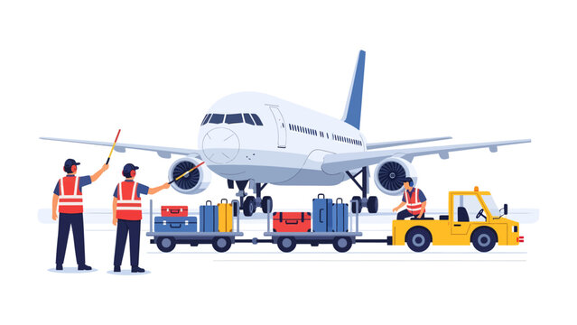 Ground Crew Services: Aviation professionals diligently load luggage onto a plane, with a tug vehicle and ground staff managing operations on the tarmac, ensuring a smooth departure.