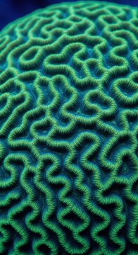 Green brain coral, neon green pattern, wavy lines, marine life texture