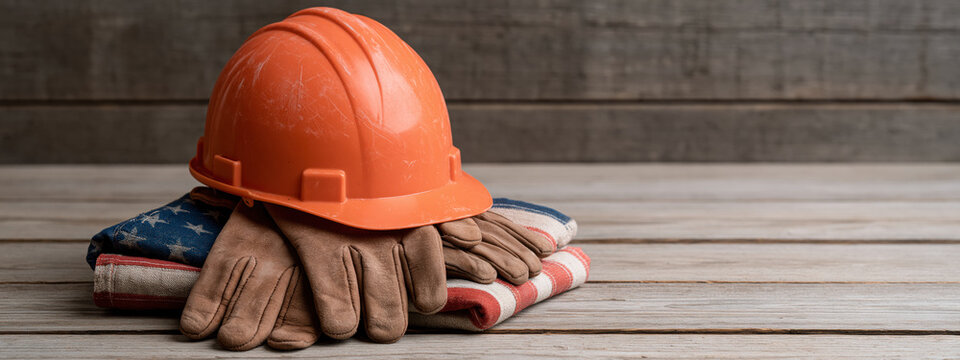 Orange Hard Hat, Work Gloves, and Folded Fabric on Wood Background