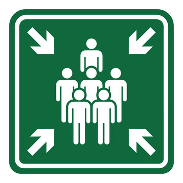Green square sign with white human figures and arrows pointing in four directions icon